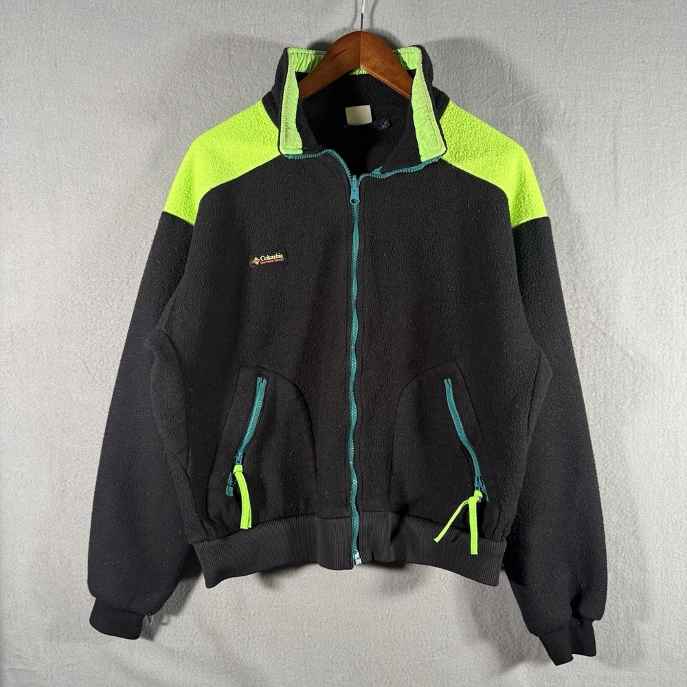 Vintage 90's Made In USA Columbia Black Green Zip-Up‎ Fleece Size Men's Large